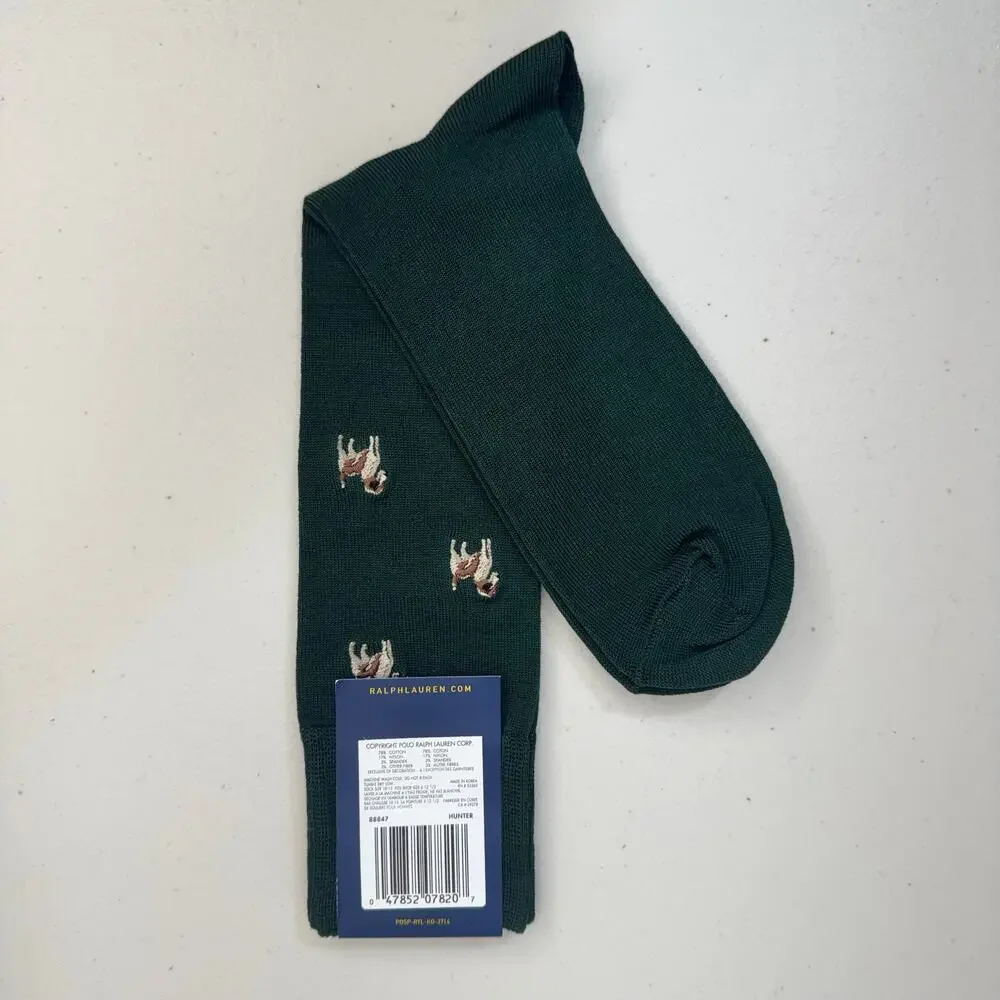 Polo Ralph Lauren Green Dress Socks Embroidered Hunting Dog Pattern Cotton Blend